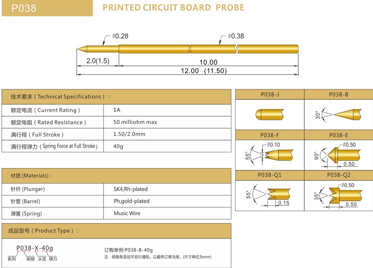 PA038測試探針總參數(shù)，華榮華探針廠家